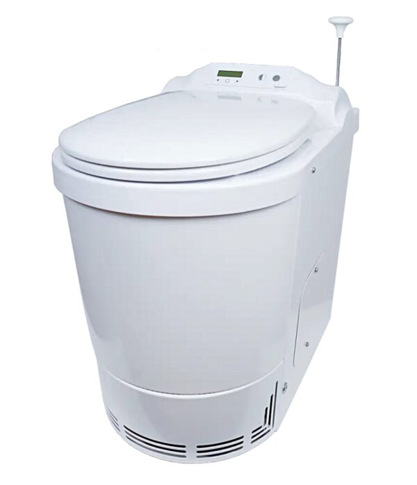 Separett Family II electric incinerating toilet. 3/4 view from front.