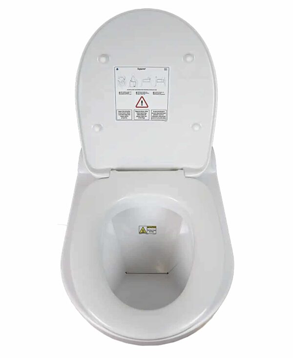 Separett Family II electric incinerating toilet. Lid open, looking into the bowl.