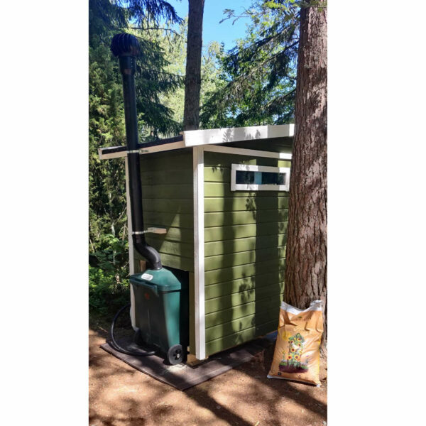 WooWoo GT 330 compost toilet installed in a wooden building. View from rear.