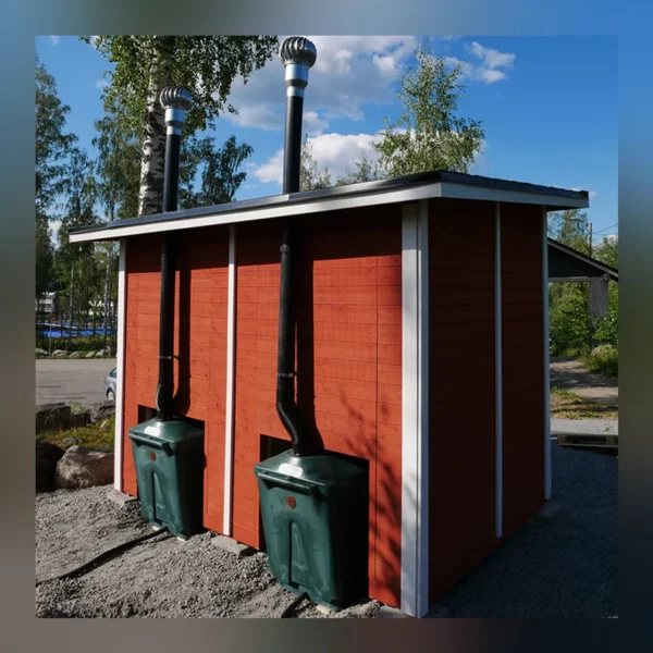 Rear view of WooWoo GT Double Cabin composting toilet building