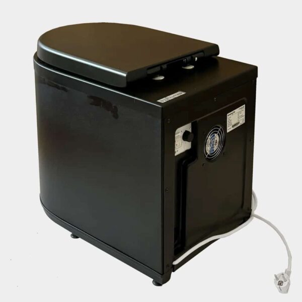 Ekohytte freezing toilet in black, showing rear of unit