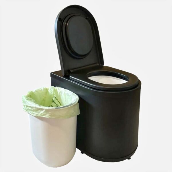 Ekohytte freezing toilet in black, with lid open and container removed