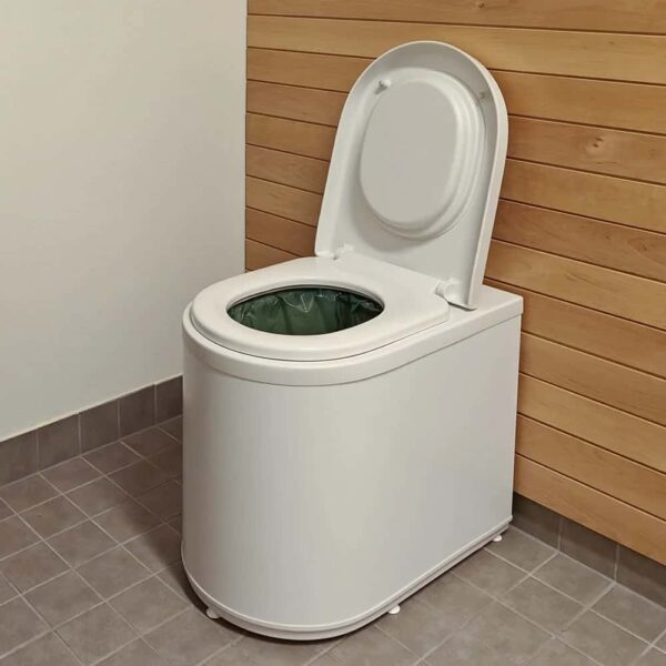Ekohytte freezing toilet in white, with lid open