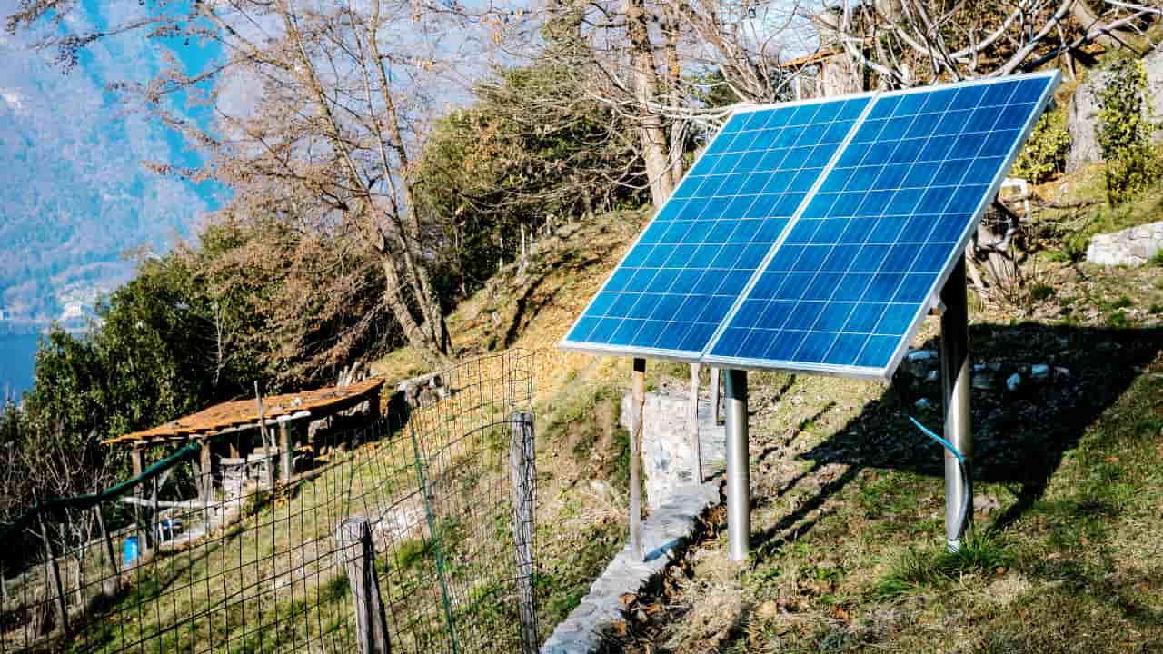 Solar panels on a hillside, tilted for best solar collection