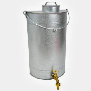 Zinc water container with brass tap. Flat backed.
