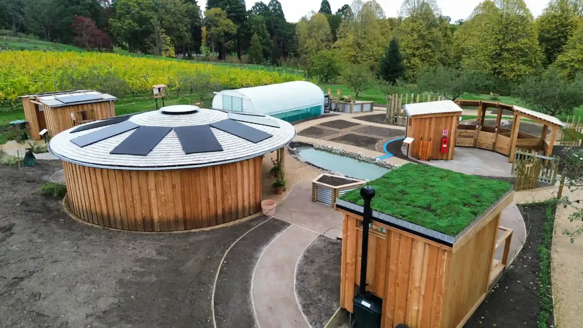 Wooden buildings, at the RHS Wisley site, showing the rear of the WooWoo composting toilet